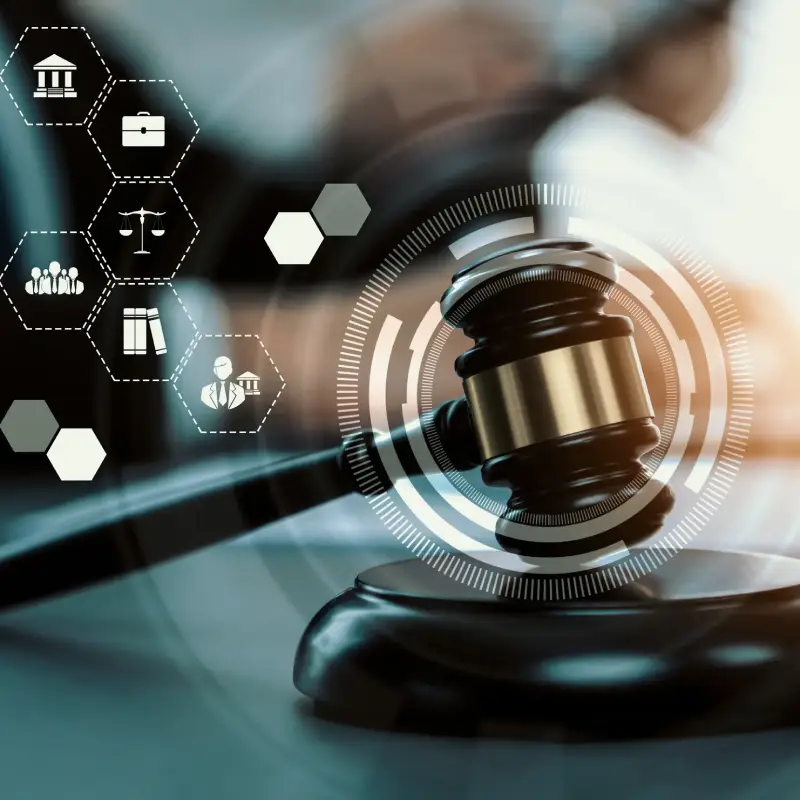 Smart law, legal advice icons and lawyer working tools in the lawyers office showing concept of digital law and online technology of astute law and regulations